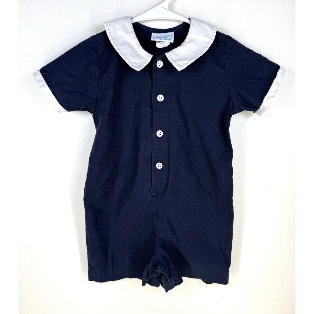 Cottontail Originals Baby Romper Shortalls Size 24 Months Blue White Collar Snap